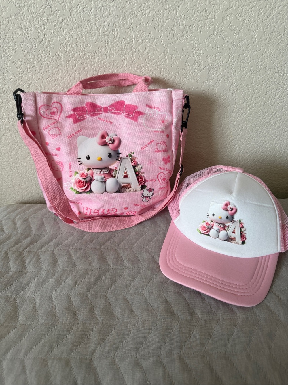 Hello Kitty “A” Monogram Canvas Bag and Hat Adult New
